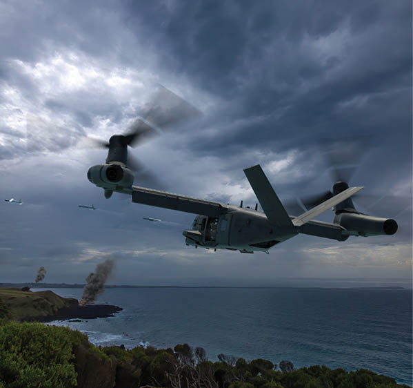 A helicopter flying over the ocean. Description generated by AI