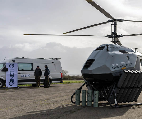 A helicopter with a large blade on the front. Description generated by AI