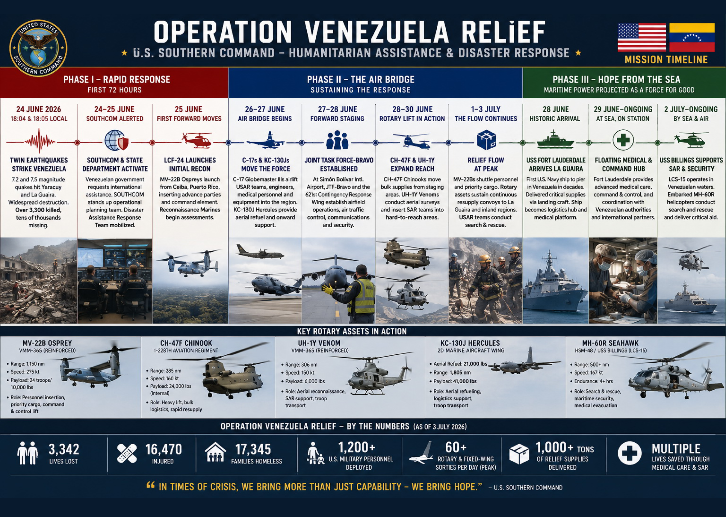 The infographic outlines the timeline and key assets involved in Operation Venezuela Relief, detailing phases of rapid response, air bridge support, and maritime aid with images of helicopters, airplanes, and earthquake damage. Description generated by AI