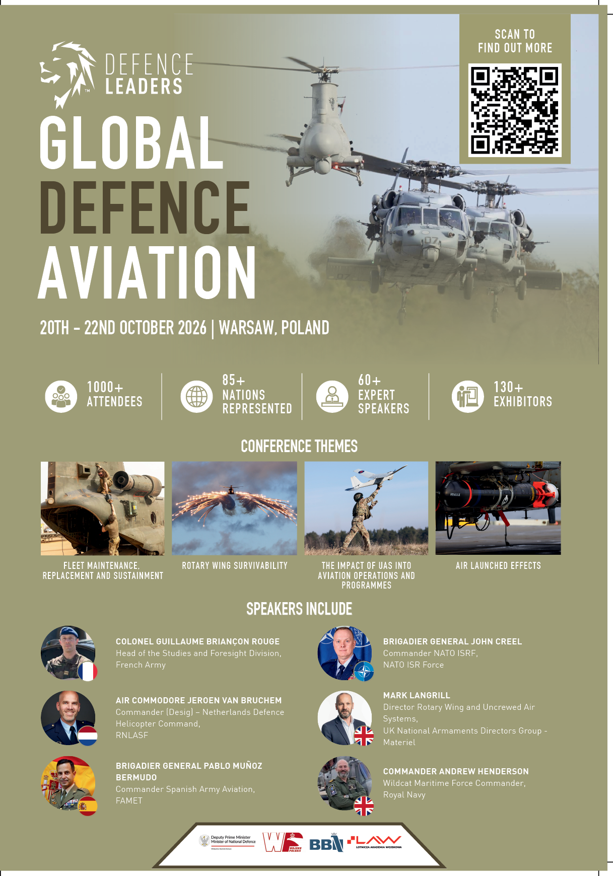 A promotional poster for the Global Defence Aviation event in Warsaw, Poland, featuring military helicopters in flight, event details, conference themes with images of aviation technology, and photos of speakers. Description generated by AI
