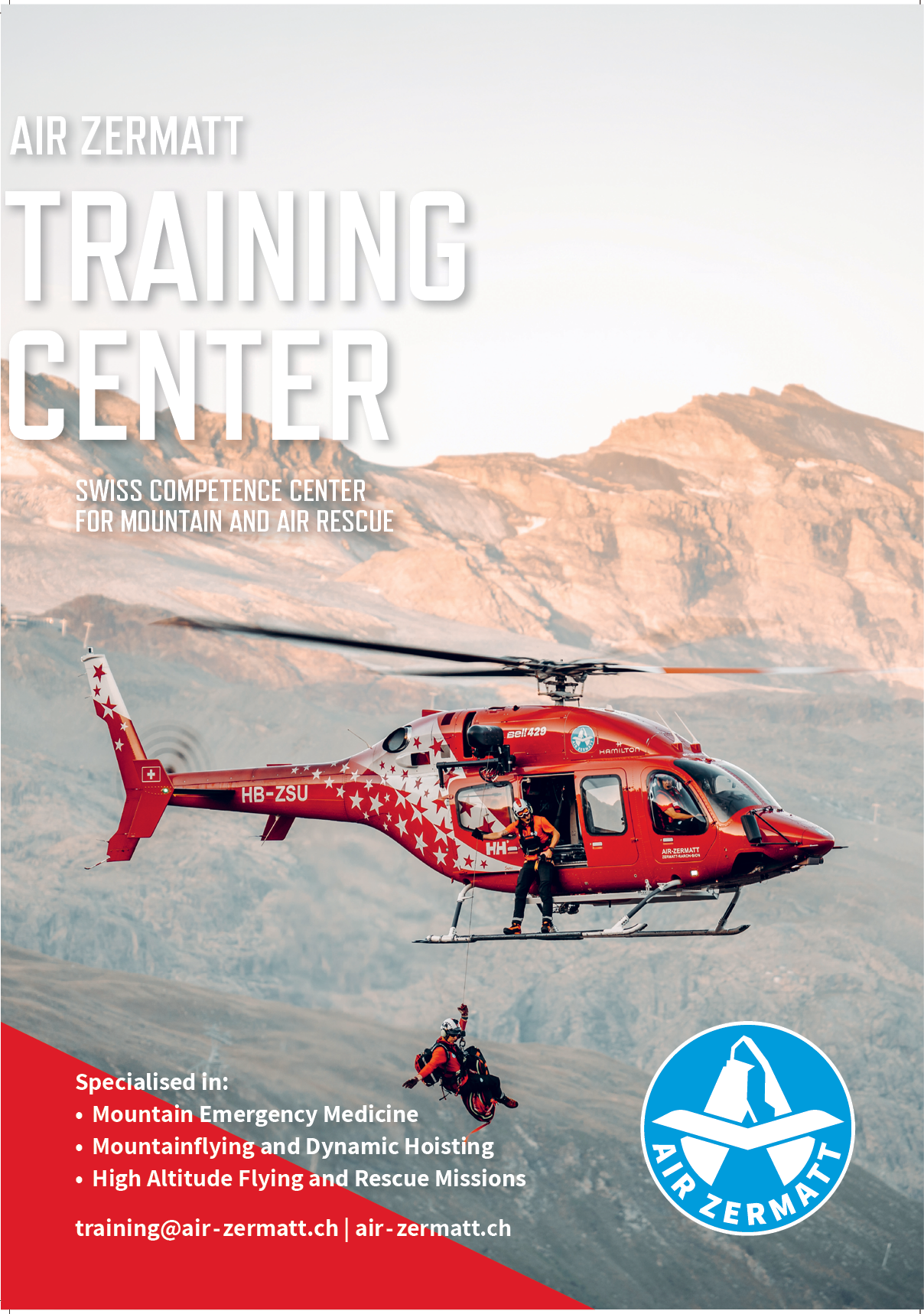 A red and white helicopter is shown flying over a mountain. AI generated content