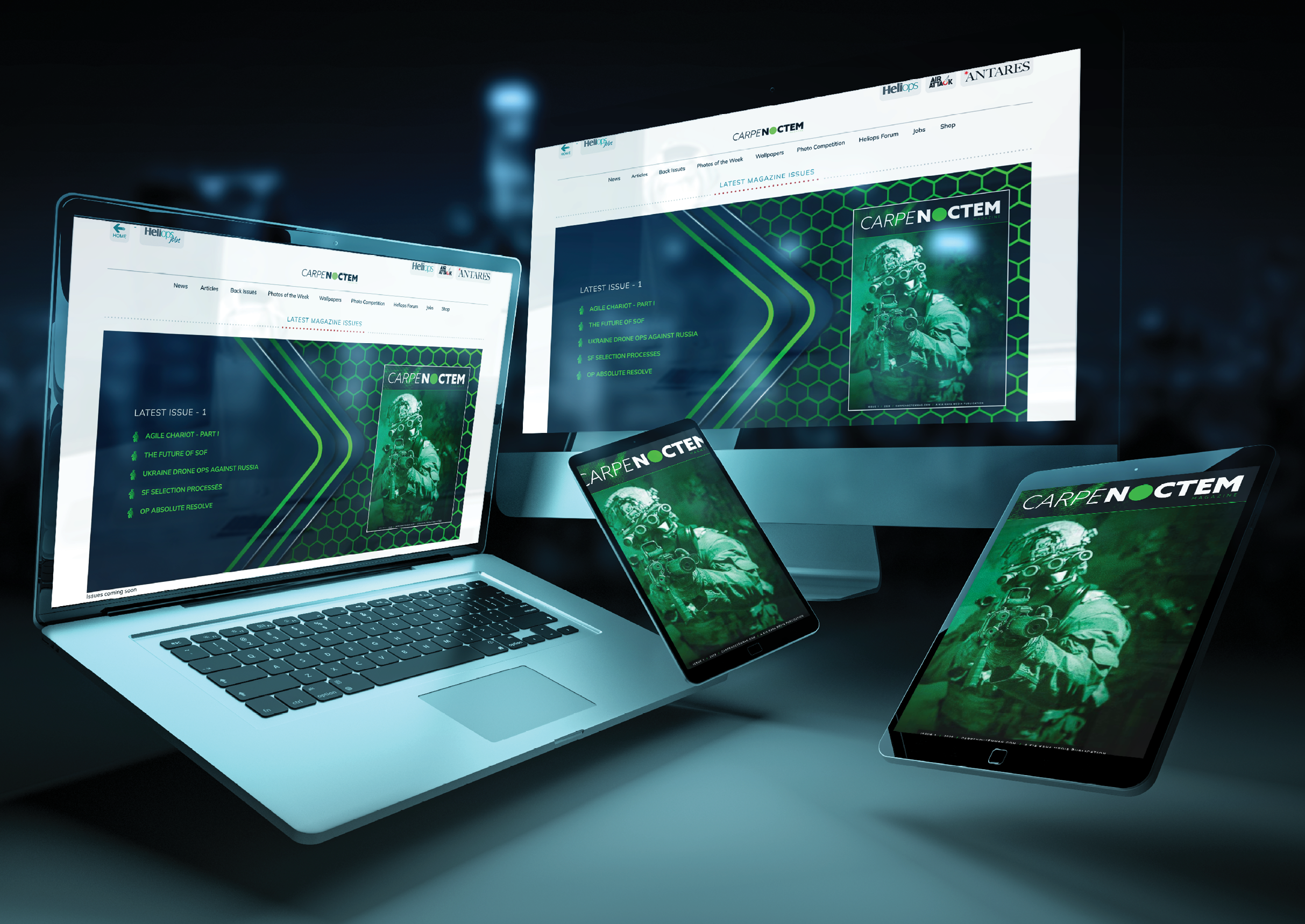 Three screens and a laptop display a man and a woman in a dark room. AI generated content