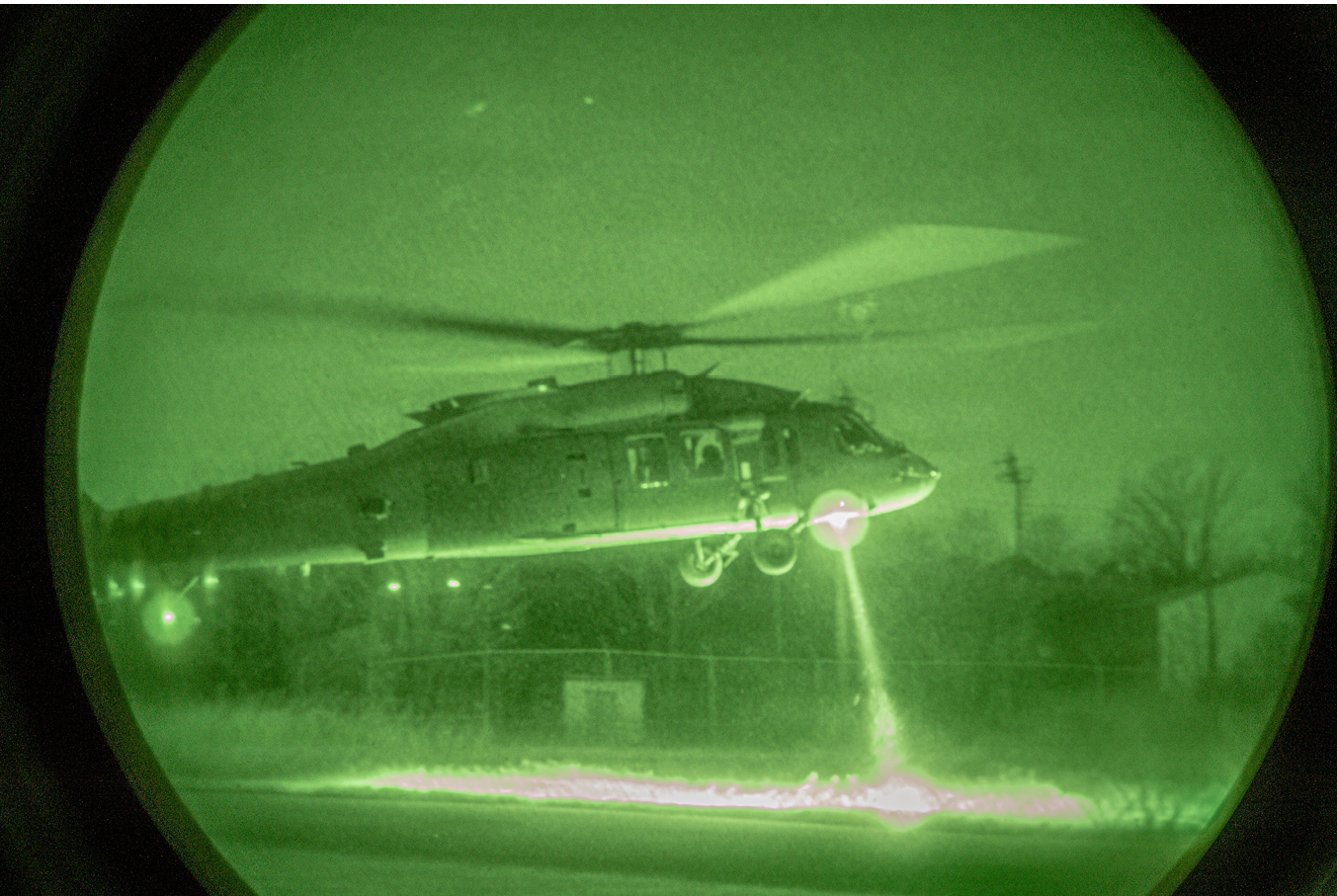 A green helicopter is flying in the air with its landing gear down. AI generated content