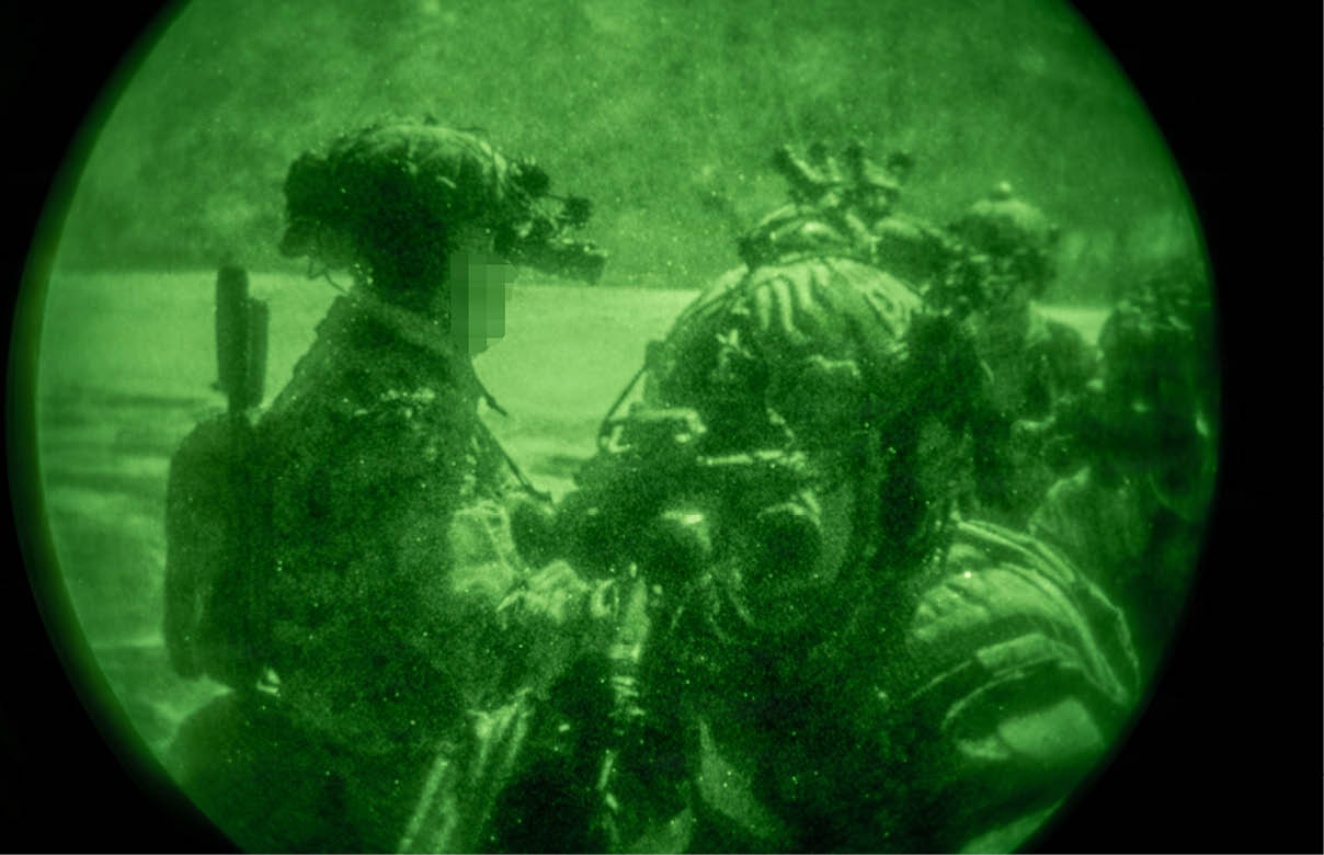 Three soldiers wearing helmets and holding guns are standing together. AI generated content