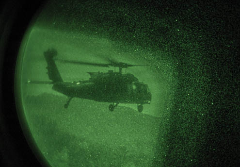 A helicopter is flying in the air, captured in a green-tinted photo. AI generated content