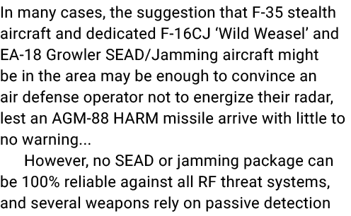 In many cases, the suggestion that F 35 stealth aircraft and dedicated F 16CJ ‘Wild Weasel’ and EA 18 Growler SEAD/Ja...