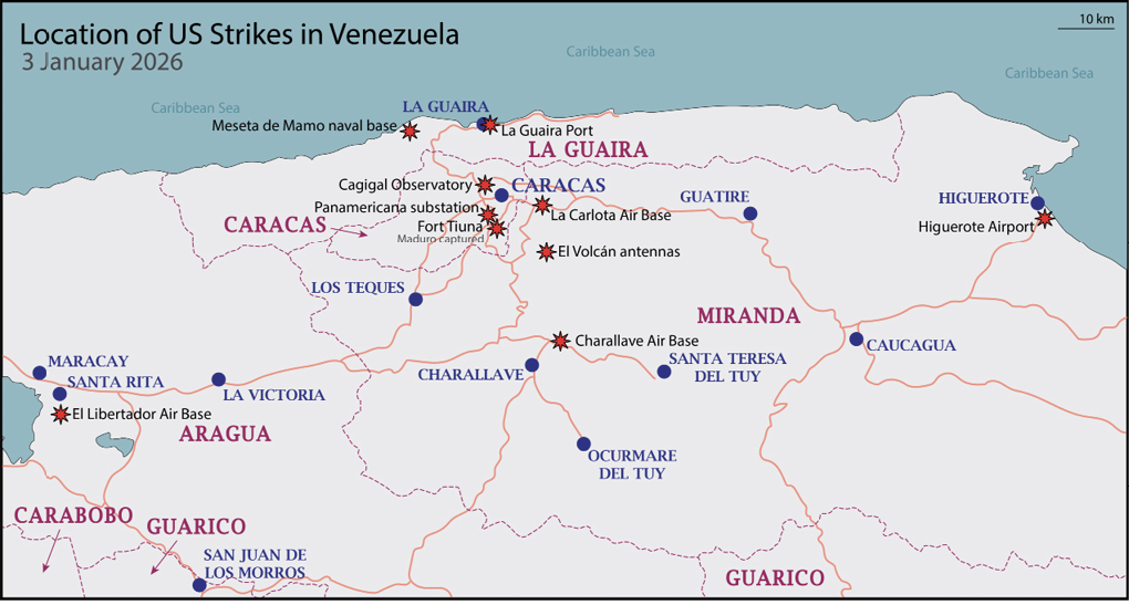 A map of the United States showing the location of strikes in Venezuela. AI generated content
