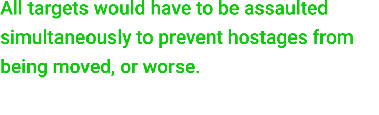 All targets would have to be assaulted simultaneously to prevent hostages from being moved, or worse. 