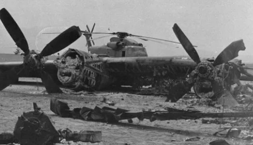 An old airplane with its propellers off the ground. AI generated content