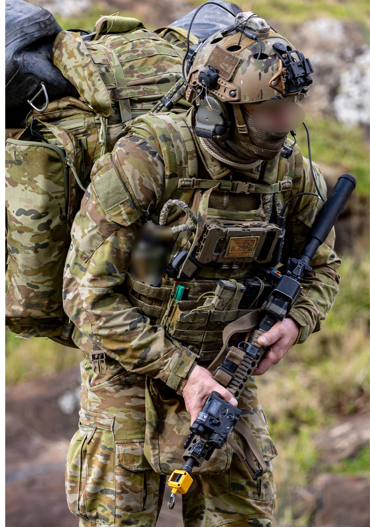 A man wearing a camouflage uniform and carrying a backpack. AI generated content