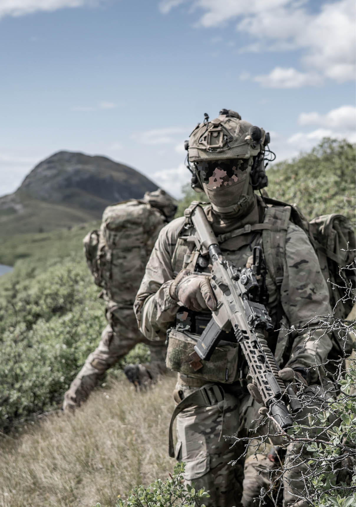 Three men in camouflage uniforms are walking through a wooded area. They are carrying guns and wearing helmets. AI generated content