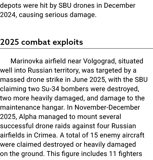 depots were hit by SBU drones in December 2024, causing serious damage. 2025 combat exploits Marinovka airfield near ...