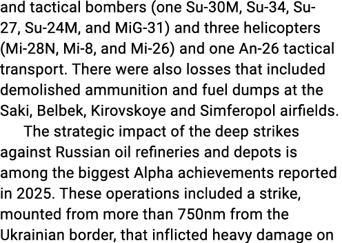 and tactical bombers (one Su 30M, Su 34, Su 27, Su 24M, and MiG 31) and three helicopters (Mi 28N, Mi 8, and Mi 26) a...