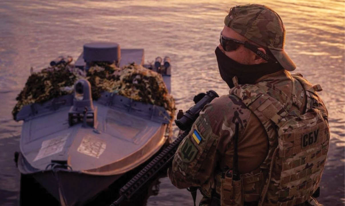 A man in a camouflage uniform is standing next to a boat. AI generated content