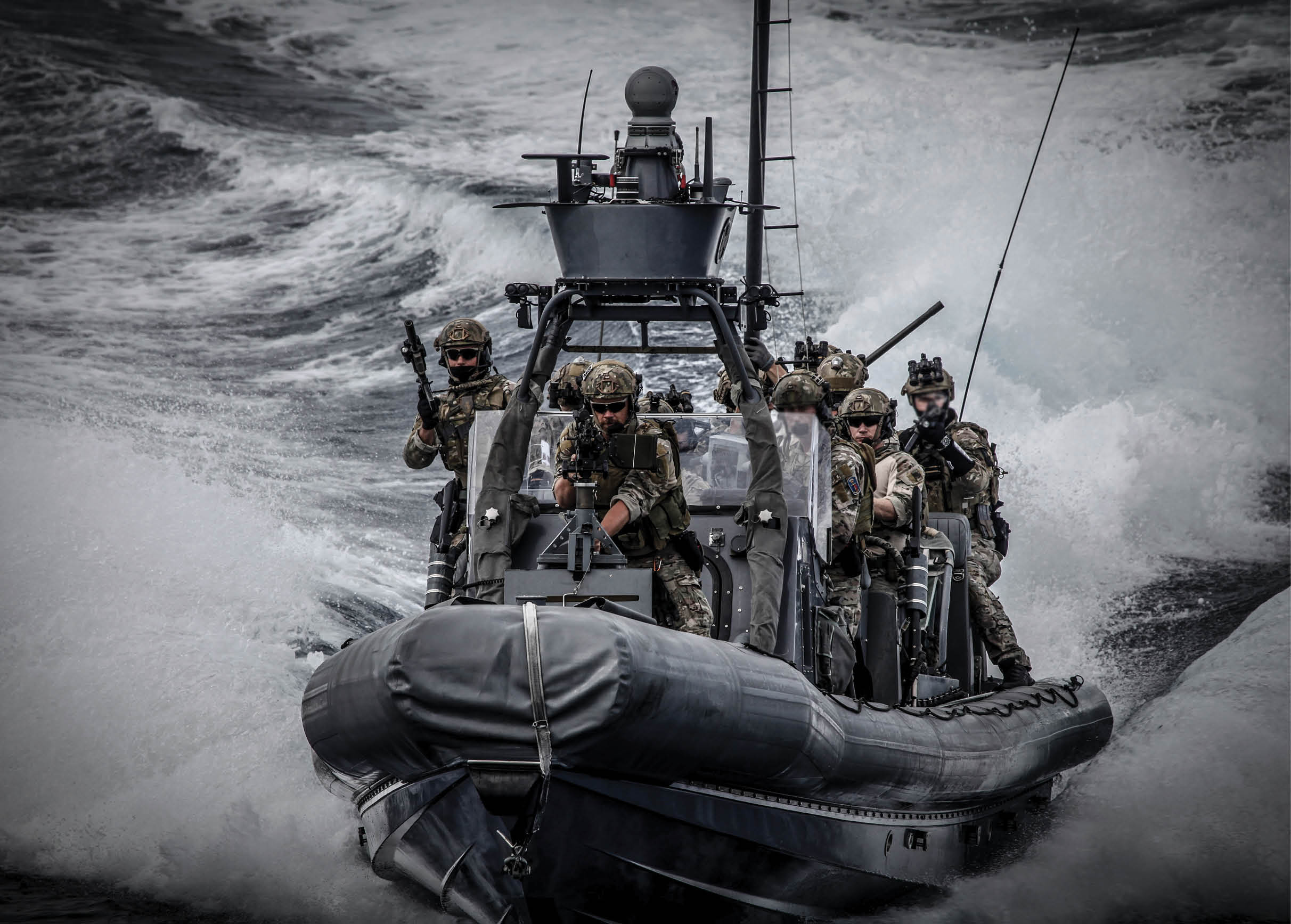 A group of men in camouflage uniforms are on a boat. AI generated content