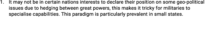 1. It may not be in certain nations interests to declare their position on some geo political issues due to hedging b...