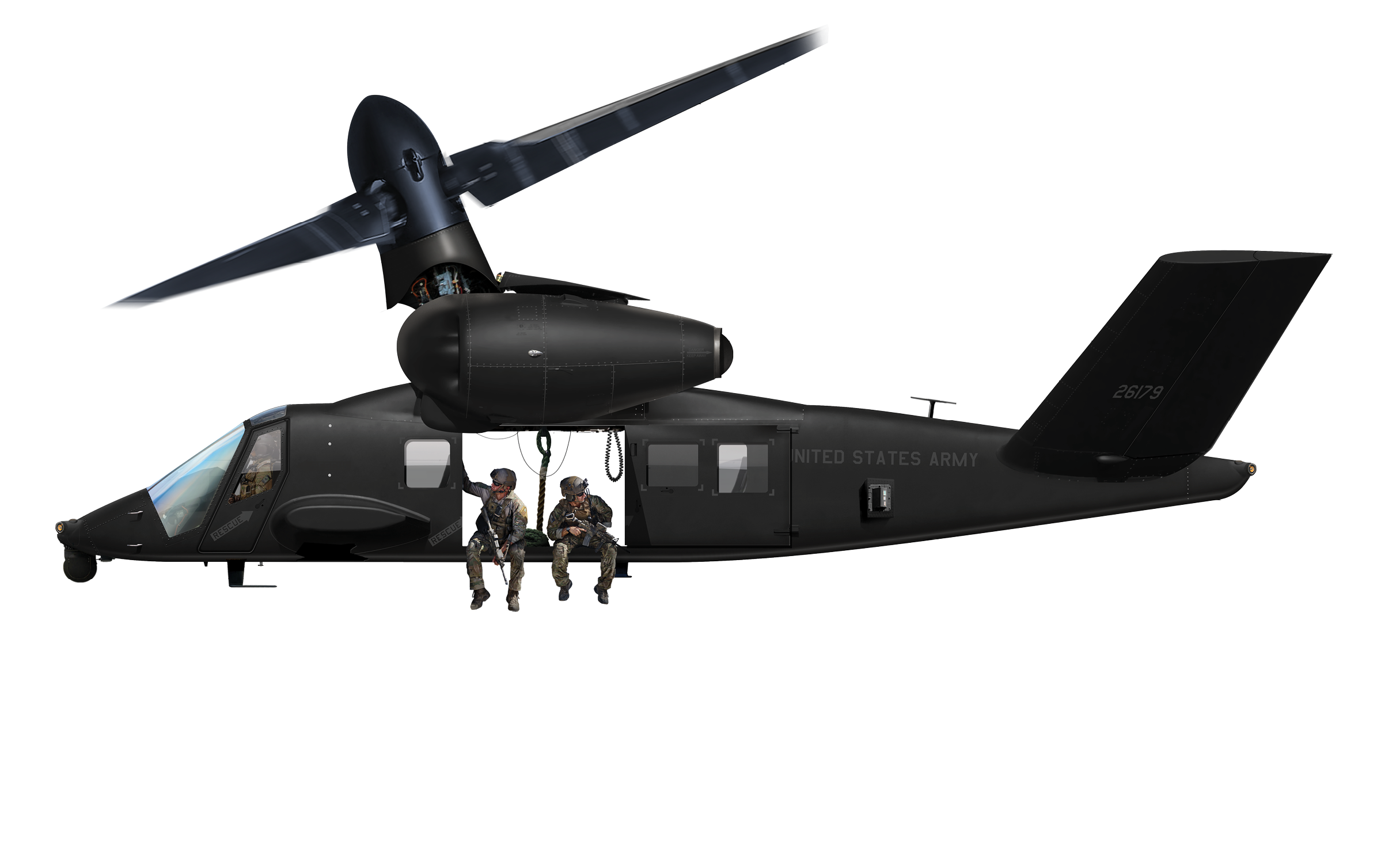 A helicopter with three men inside, two of them sitting and one standing. AI generated content