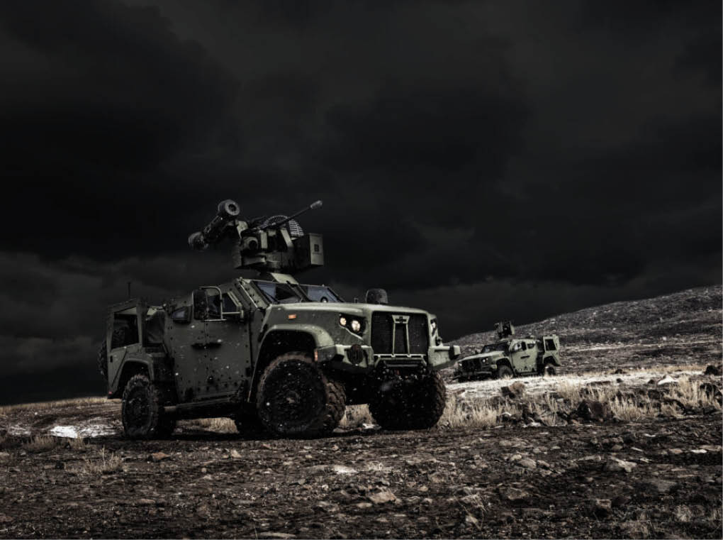 Two military vehicles are parked in a field, one with a gun mounted on top. The sky is dark and cloudy, creating a dramatic atmosphere. AI generated content