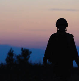 A person in a uniform stands in a field at sunset. AI generated content