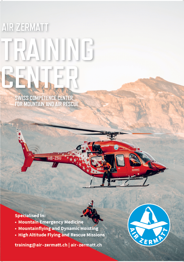 A red and white helicopter is shown flying over a mountain. AI generated content