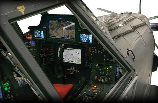 A cockpit of a plane with a red seat. Description generated by AI
