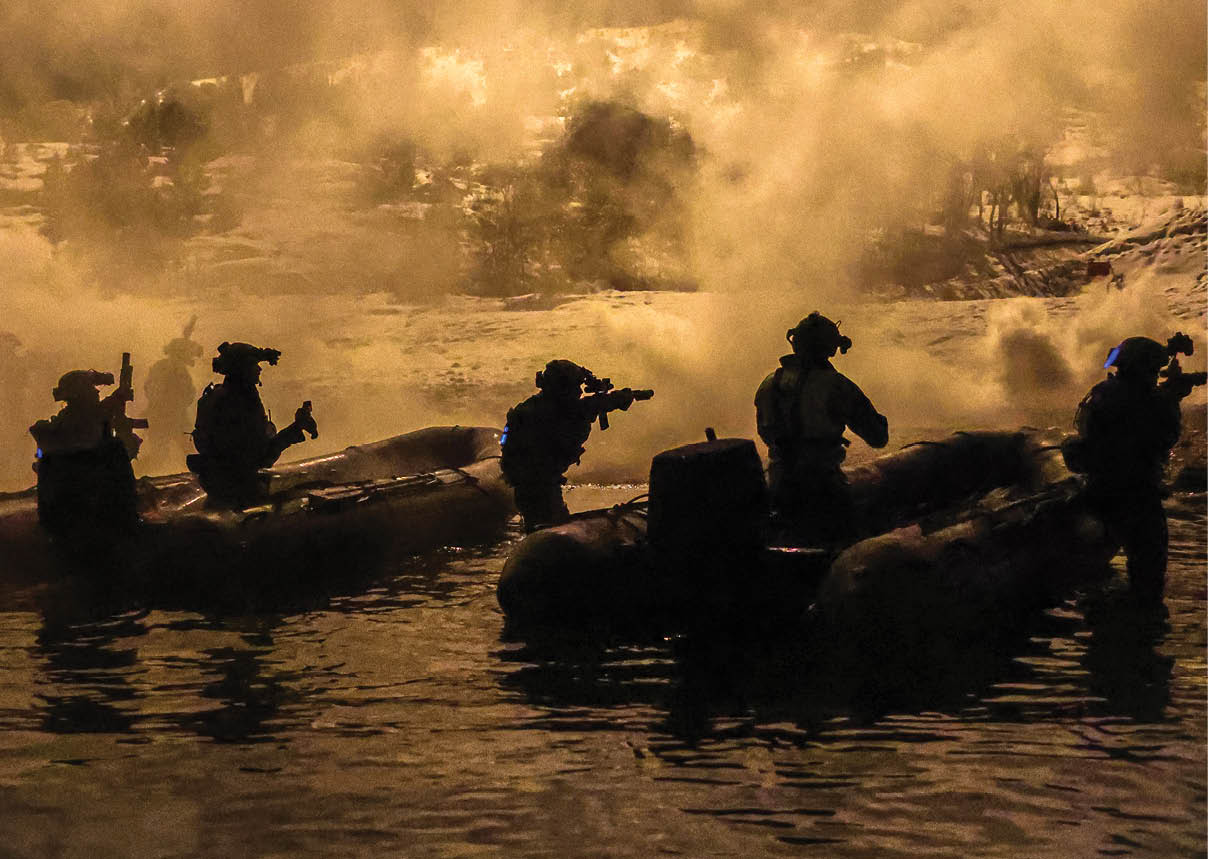 Four men in military uniforms on boats. Description generated by AI