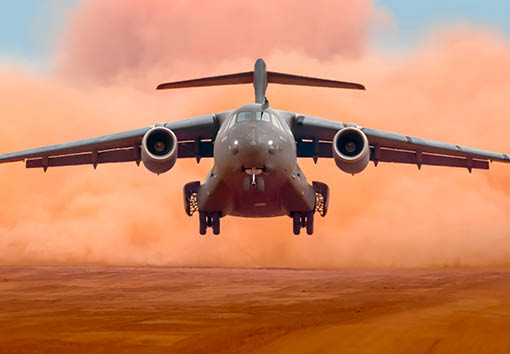 A large airplane flying in the air. Description generated by AI