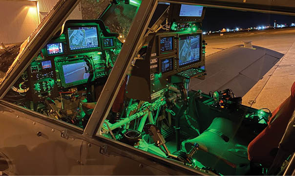 A cockpit of a plane with a green glow. Description generated by AI