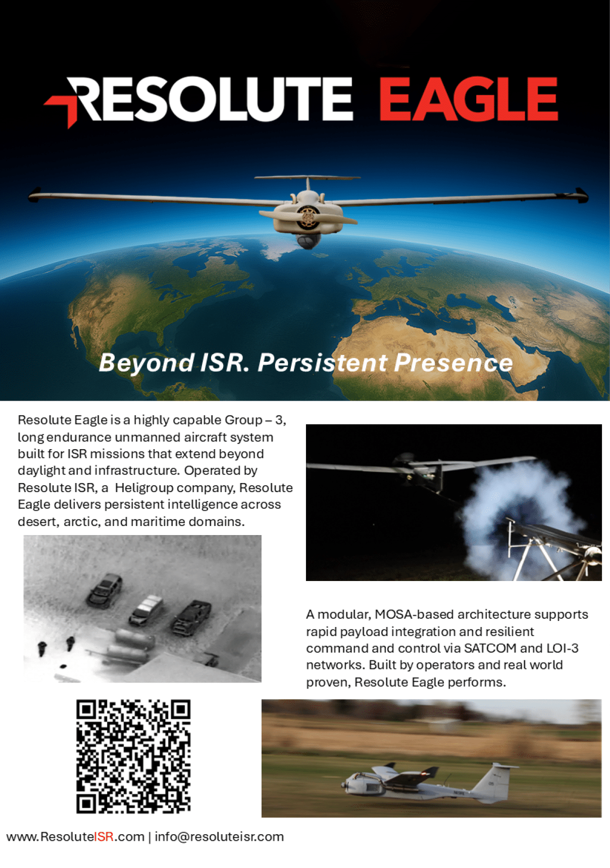 A promotional graphic for Resolute Eagle, an unmanned aircraft system designed for persistent intelligence across desert, arctic, and maritime domains, featuring images of the drone in flight, ground vehicles, and a QR code. Description generated by AI