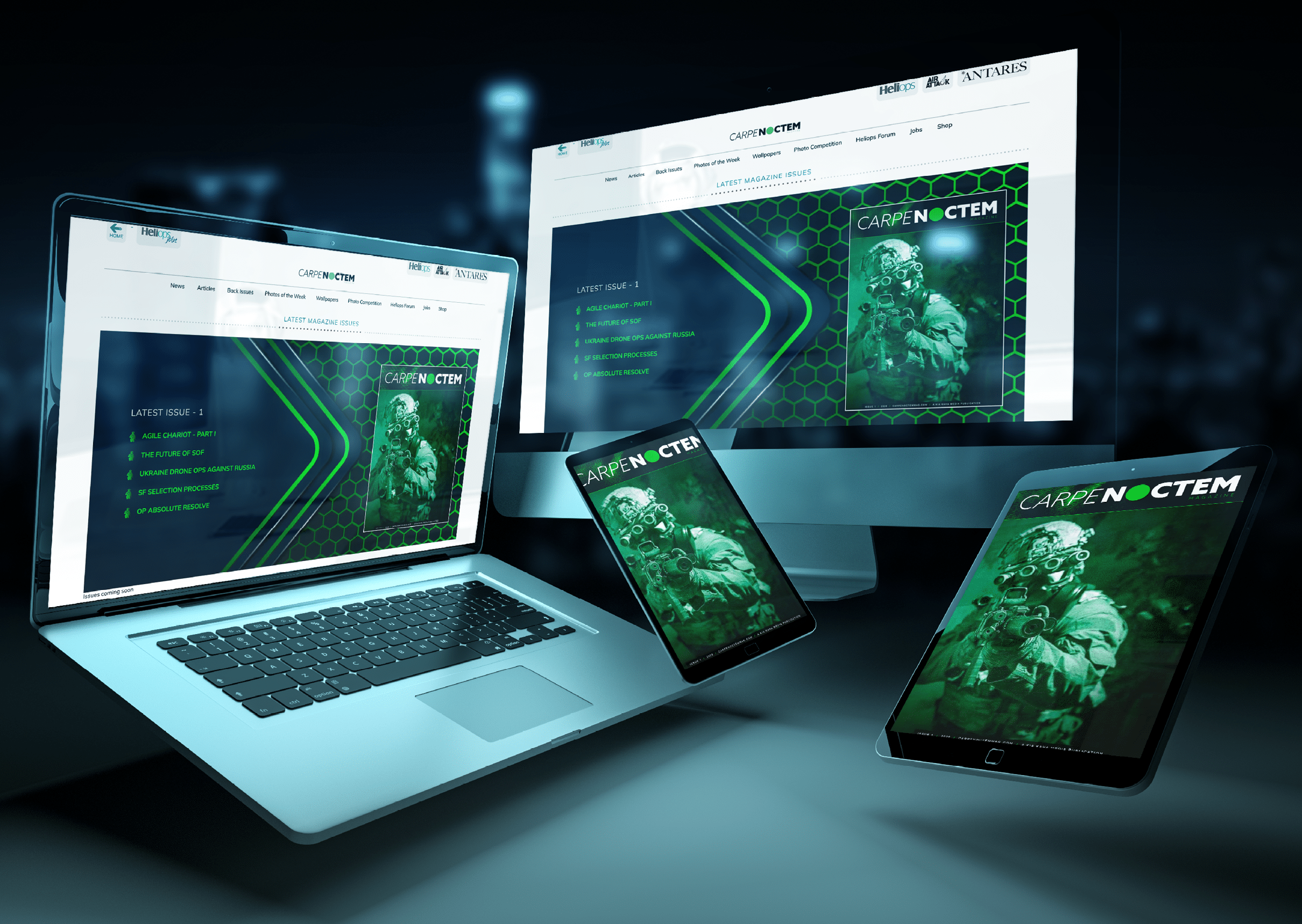 Three screens and a laptop display a man and a woman in a dark room. AI generated content