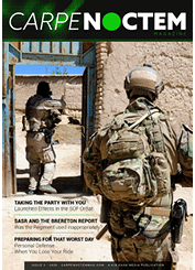 Two people in military gear stand in a sandy, outdoor area with one facing a doorway and the other facing away, featured on the cover of Carpe Noctem magazine with text about military topics. Description generated by AI