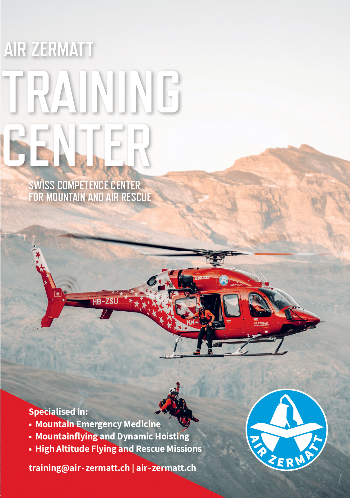A red and white helicopter is shown flying over a mountain. AI generated content