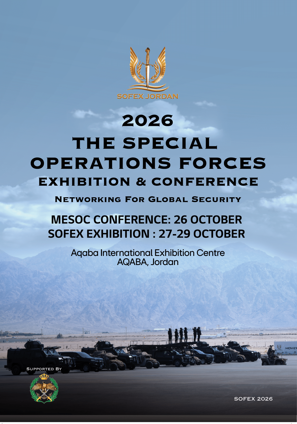 A poster advertising a special operations forces exhibition and conference. Description generated by AI