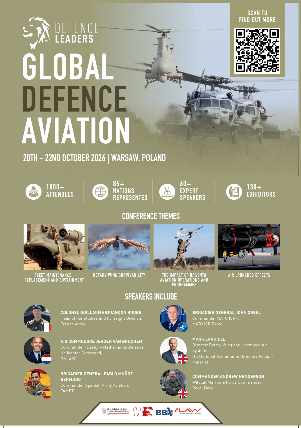 A promotional poster for the Global Defence Aviation event in Warsaw, Poland, featuring helicopters in flight, event details, conference themes with related images, and photos of six speakers with their titles and affiliations. Description generated by AI