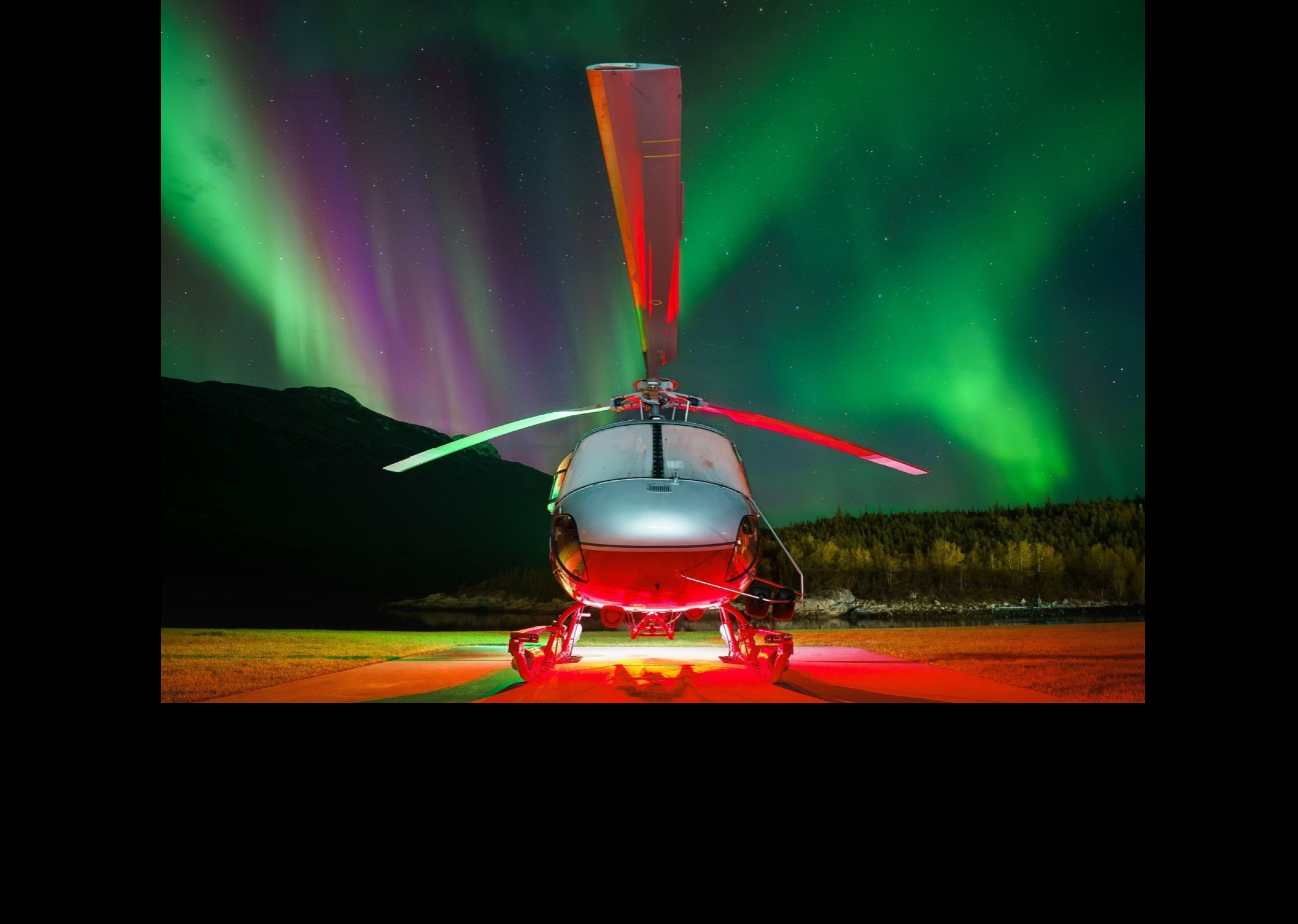 A helicopter with a red light on its landing gear is parked on a runway. AI generated content