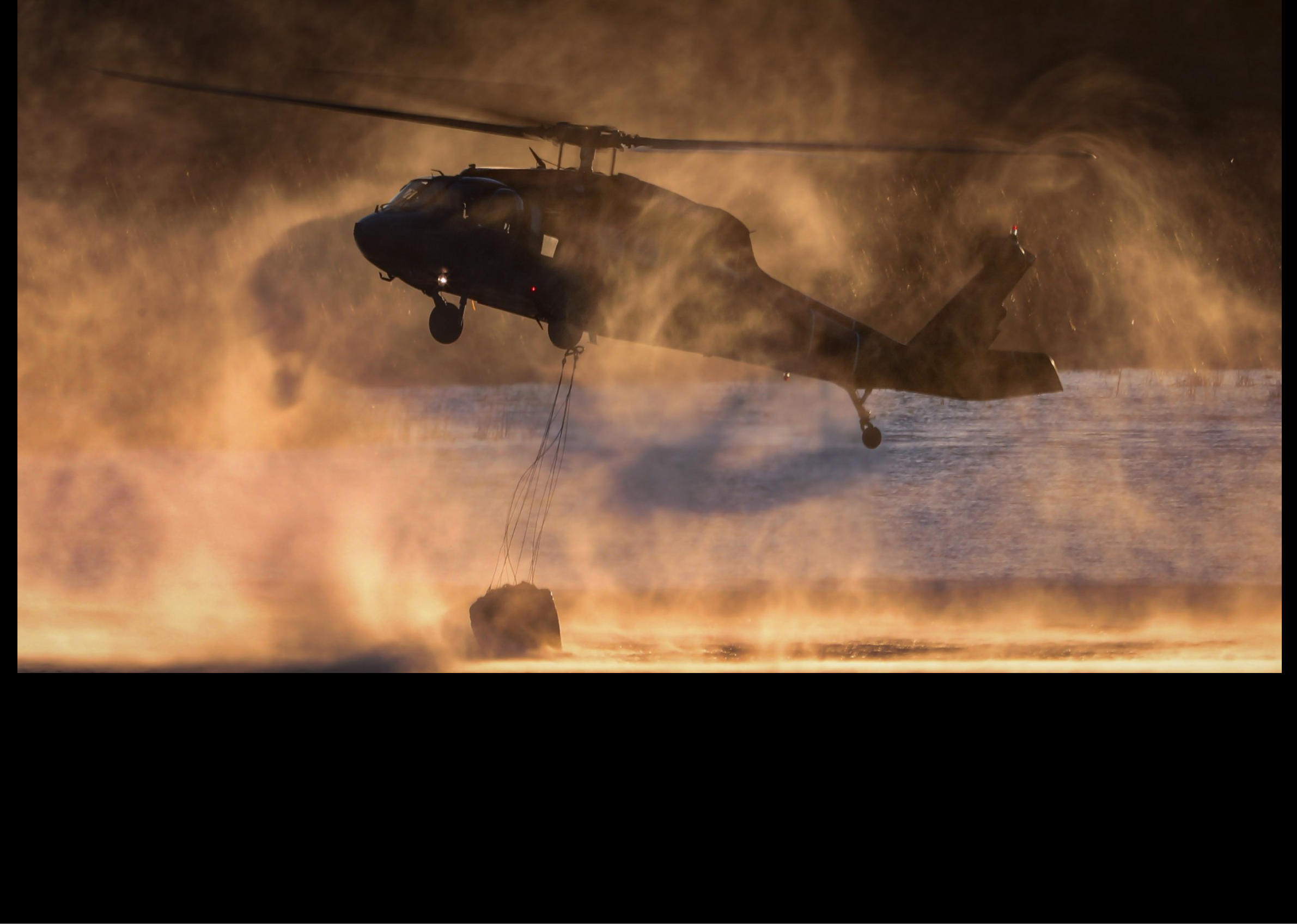 A helicopter is flying over a body of water, with a person hanging from a rope below it. AI generated content