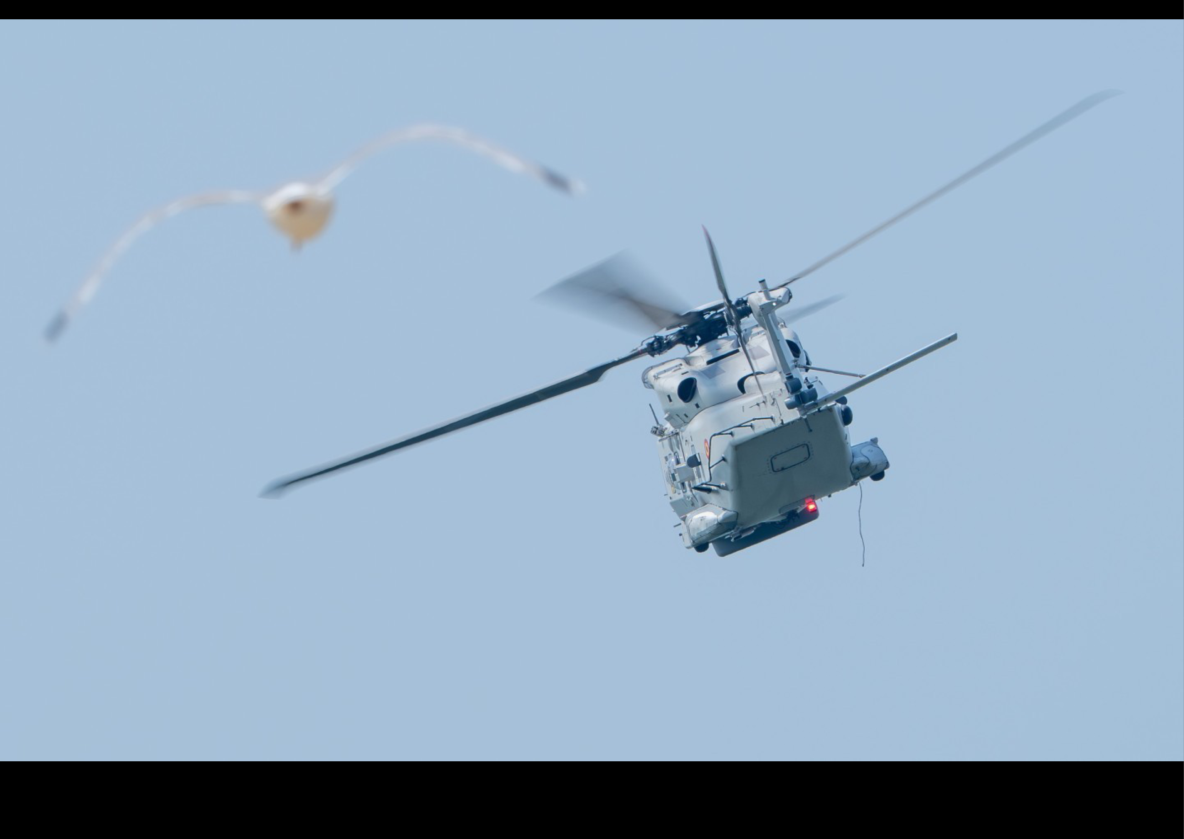 A helicopter is flying in the sky with a bird flying nearby. AI generated content