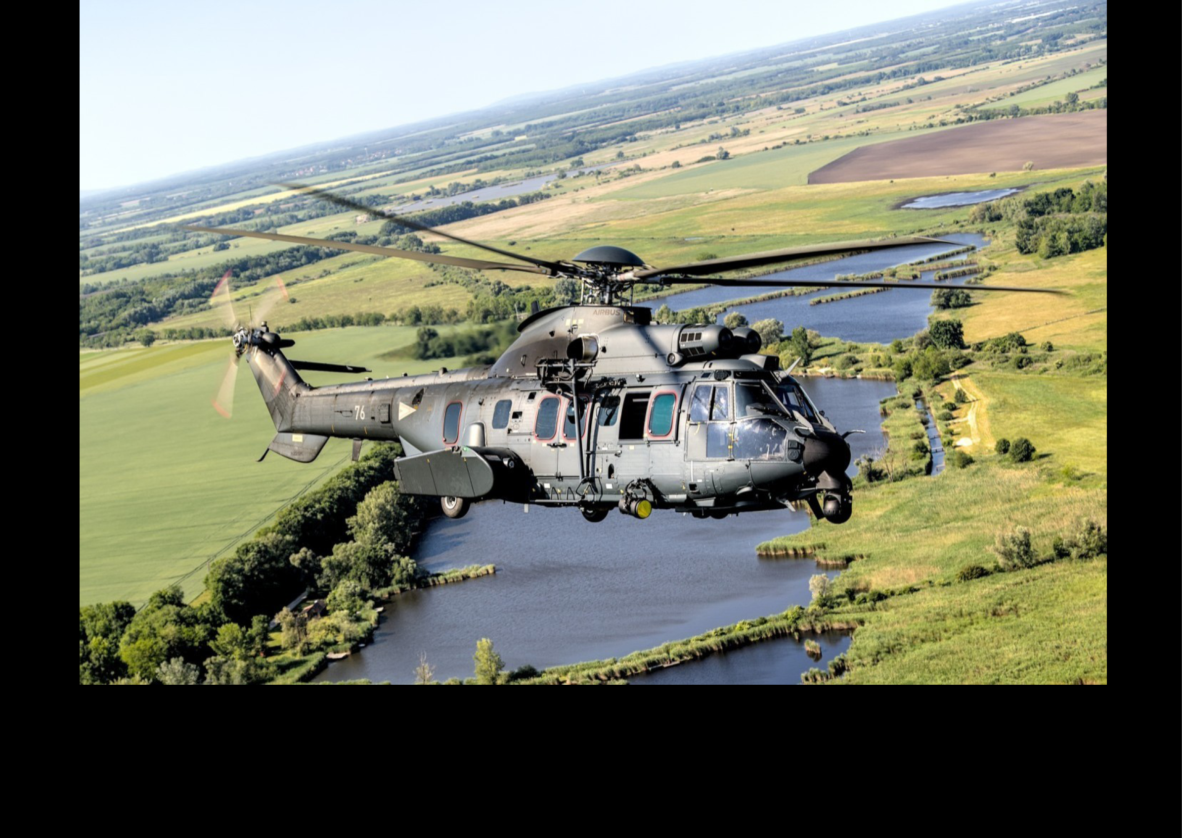 A helicopter is flying over a body of water, with a field and trees in the background. AI generated content