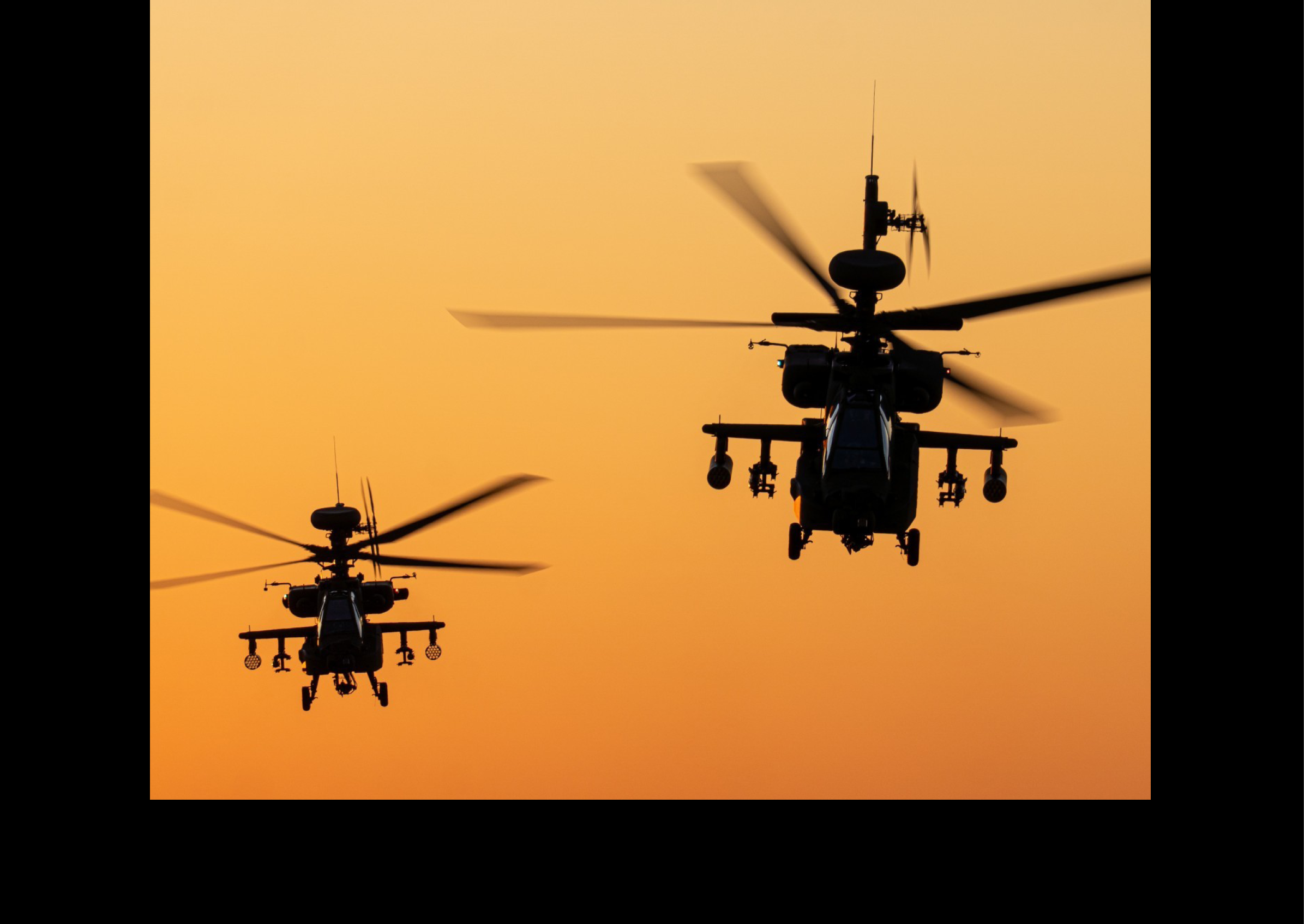 Three helicopters flying in formation at sunset. AI generated content