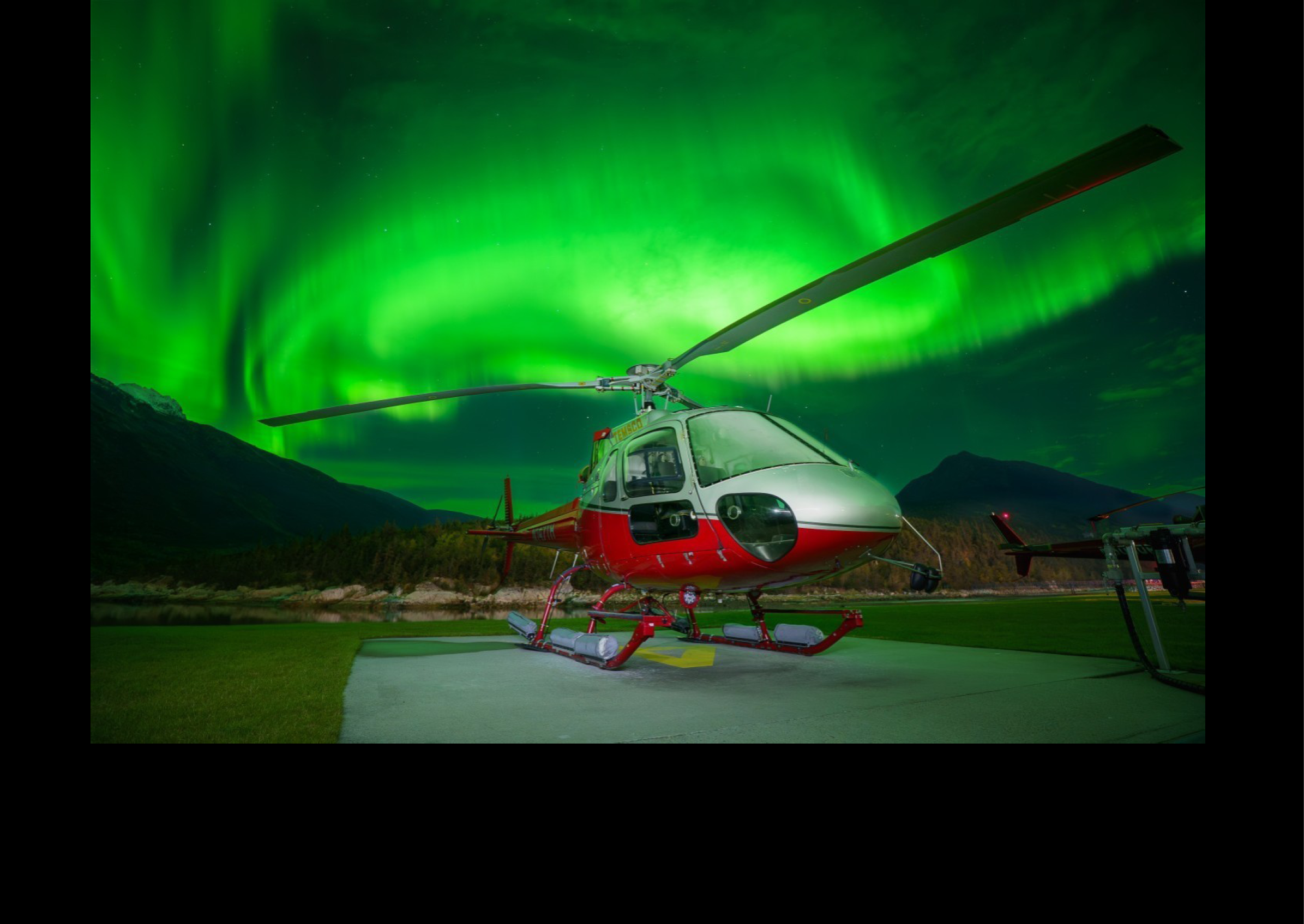 A red and white helicopter is parked on a concrete surface, with a green sky in the background. AI generated content