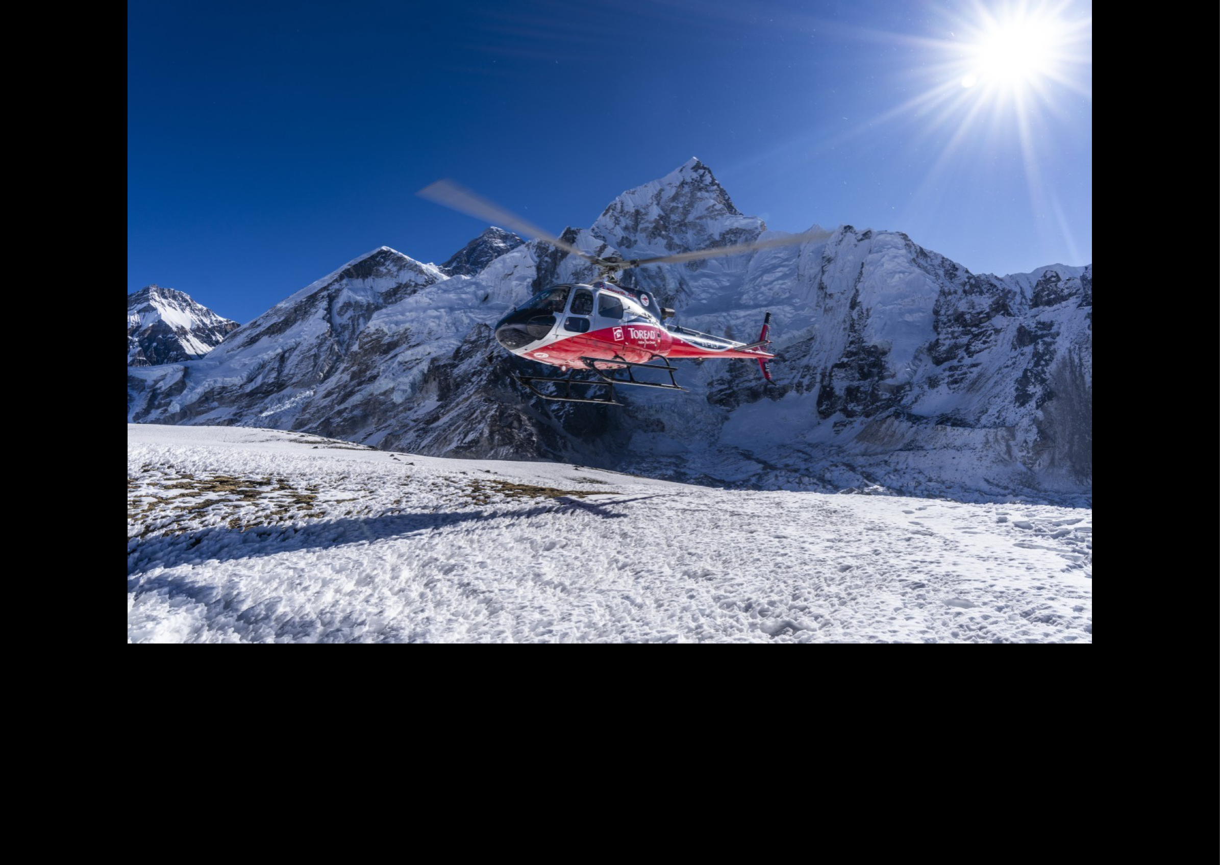 A red helicopter is flying over a snowy mountain. AI generated content