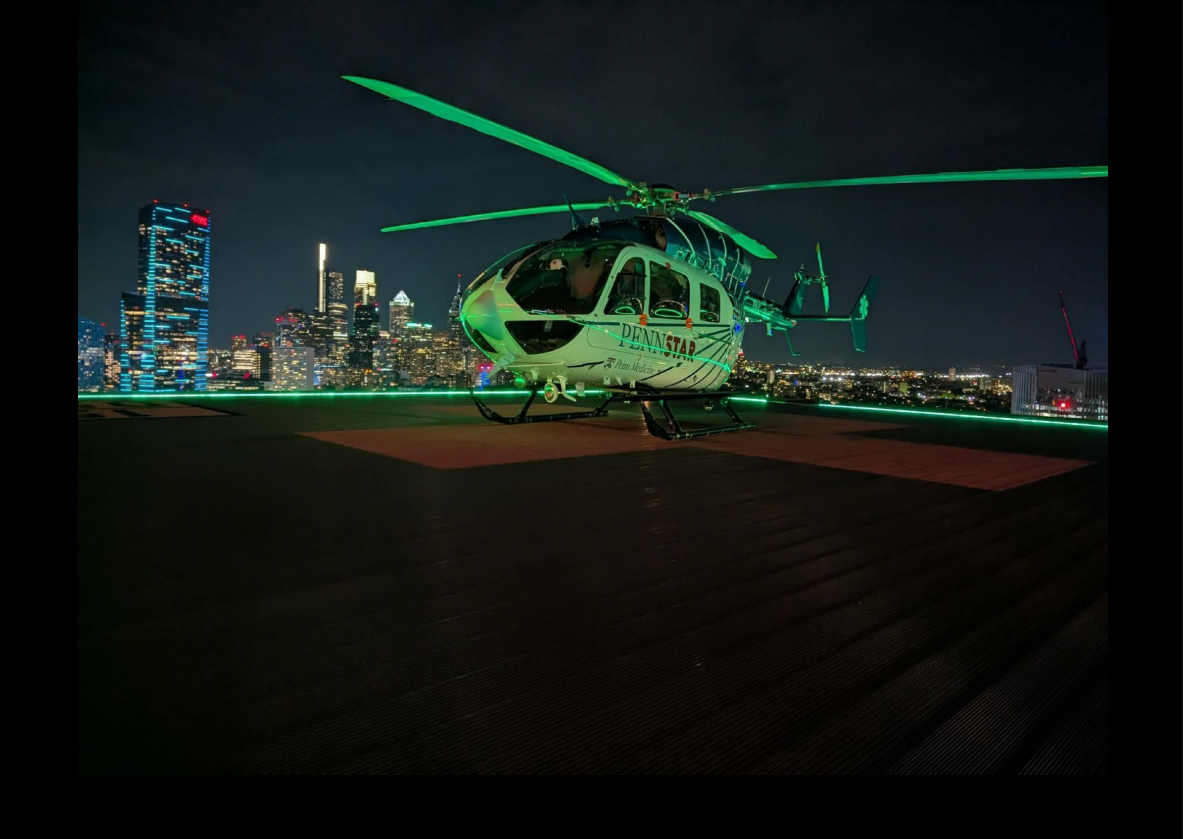 A green helicopter is parked on a rooftop. AI generated content
