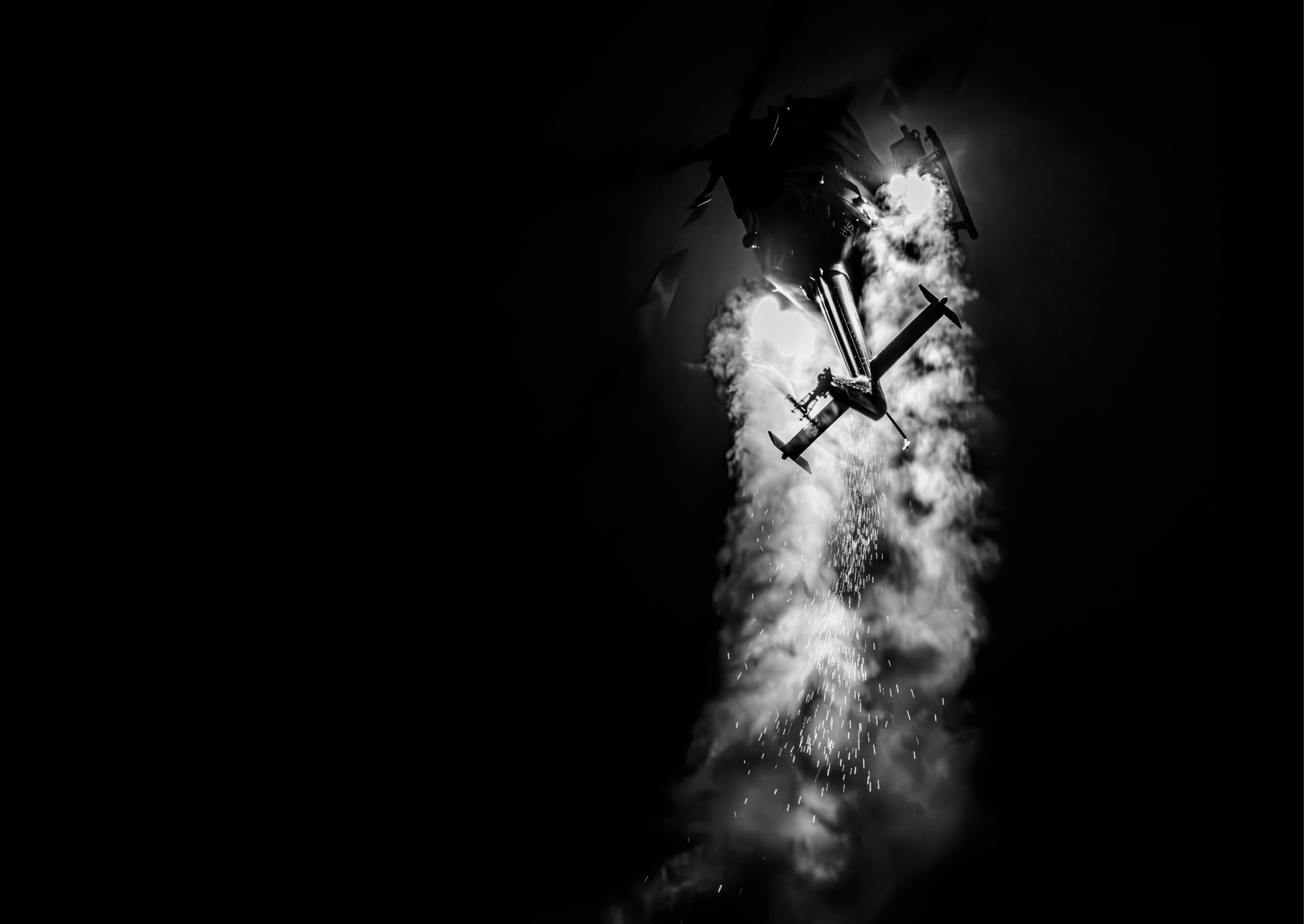 A helicopter is flying through the air and leaving a trail of smoke behind it. AI generated content