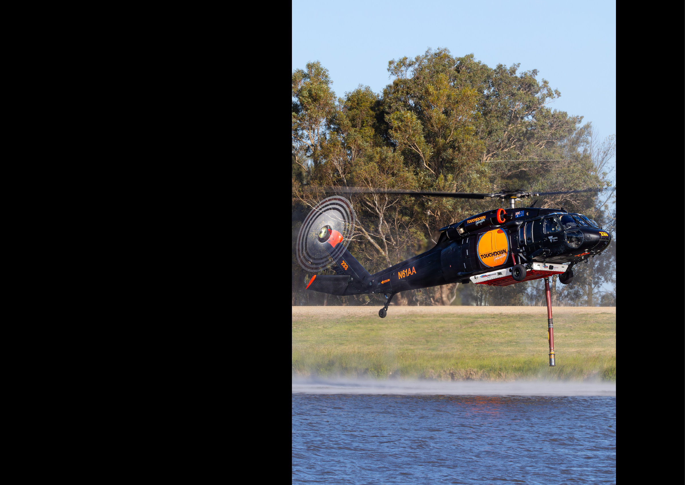 A helicopter is flying over a body of water, with its landing gear down. AI generated content