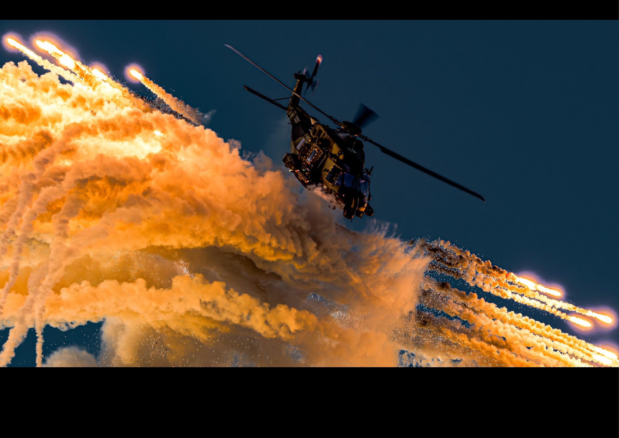 A helicopter is flying through the sky, leaving a trail of smoke behind it. AI generated content