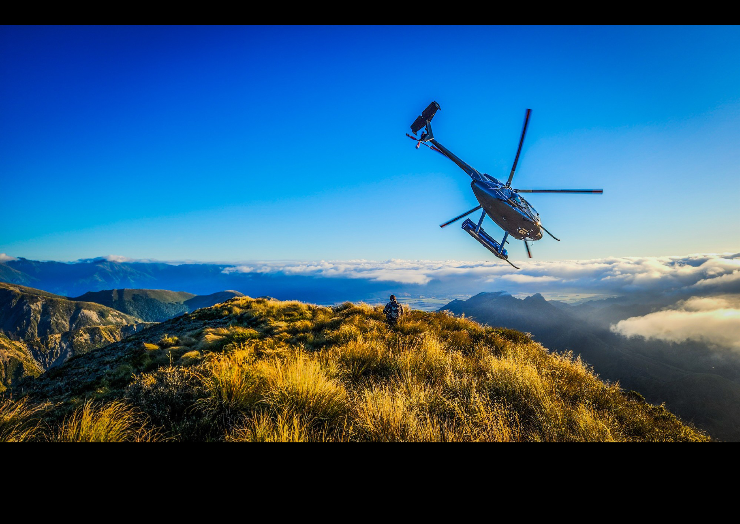 A helicopter is flying in the air with a person on the ground. AI generated content