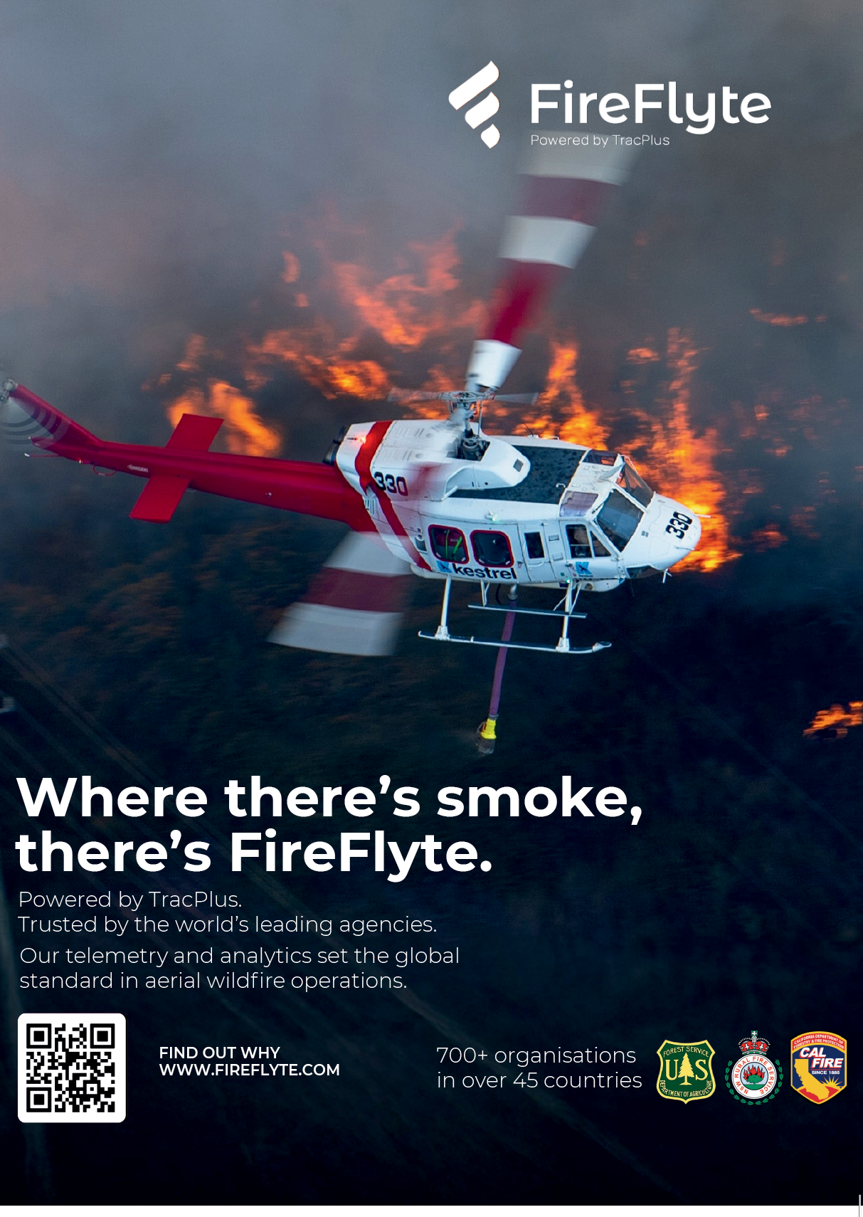 A red and white helicopter is flying over a fire. AI generated content