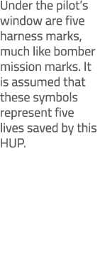 Under the pilot’s window are five harness marks, much like bomber mission marks. It is assumed that these symbols rep...
