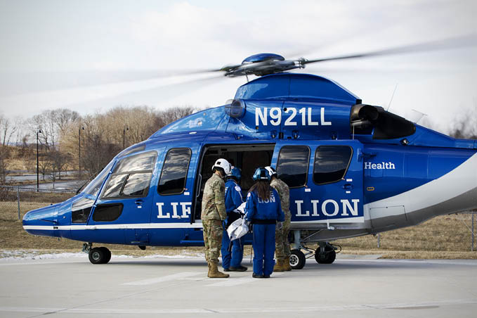 An H115 helicopter, operated by personnel with Penn State Health Life Lion Critical Care Transport, provides aerial medevac for a simulated patient during a mass casualty exercise at Milton S. Hershey Medical Center in Hershey, Pennsylvania, Feb. 7, 2025. This exercise was part of a capstone event for an inaugural two-week training program, which is a new partnership between the National Guard and MSHMC, where participants learn how to respond effectively in emergencies and combat situations. (U.S. Army National Guard photo by Maj. Travis Mueller)