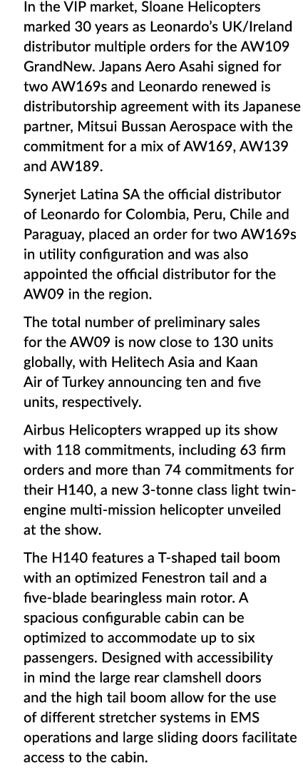 In the VIP market, Sloane Helicopters marked 30 years as Leonardo’s UK/Ireland distributor multiple orders for the AW...